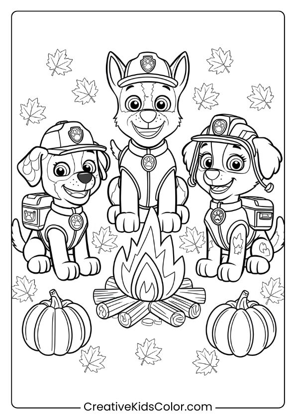 Paw Patrol Friends Gather By A Bonfire With Pumpkins For A Thanksgiving Coloring Page.