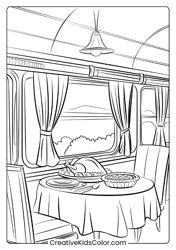Thanksgiving Dinner With Turkey And Pie In A Vintage Train Car On This Scenic Coloring Page.