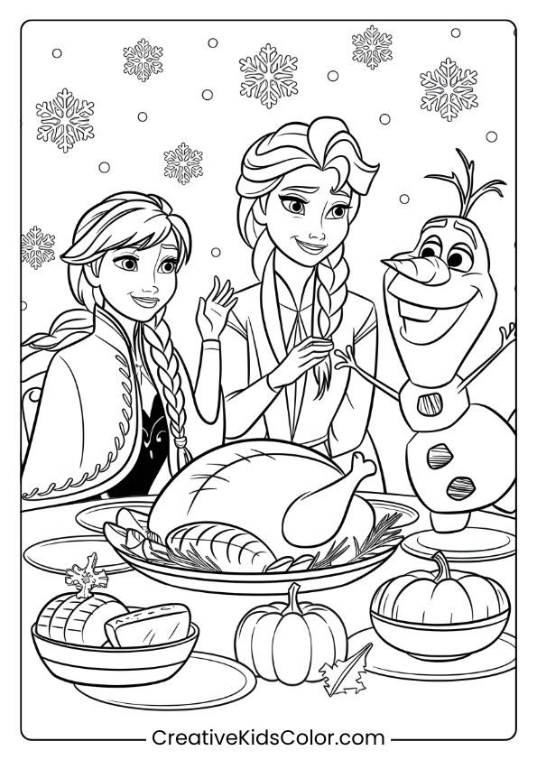 Frozen Friends Enjoy A Snowy Thanksgiving With Turkey And Fall Dishes On This Wintery Coloring Page.