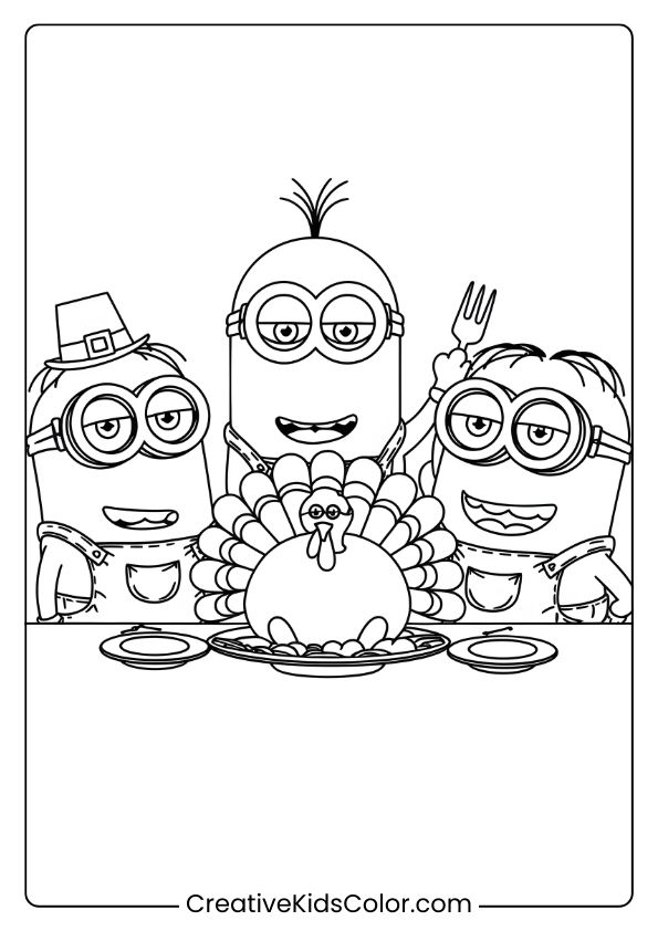 Minions Gather For Thanksgiving With Turkey, Pie, And Fall Decorations On This Fun Coloring Page.