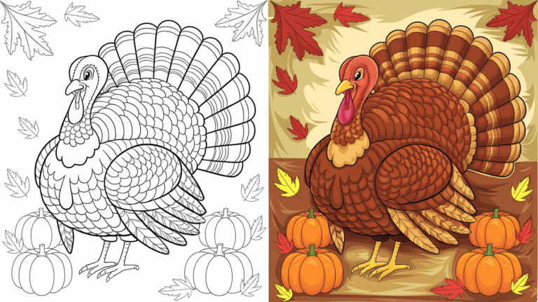 Coloring Page Cover Of A Turkey, Left Side Uncolored, Right Side Fully Colored With Autumn Leaves And Pumpkins.