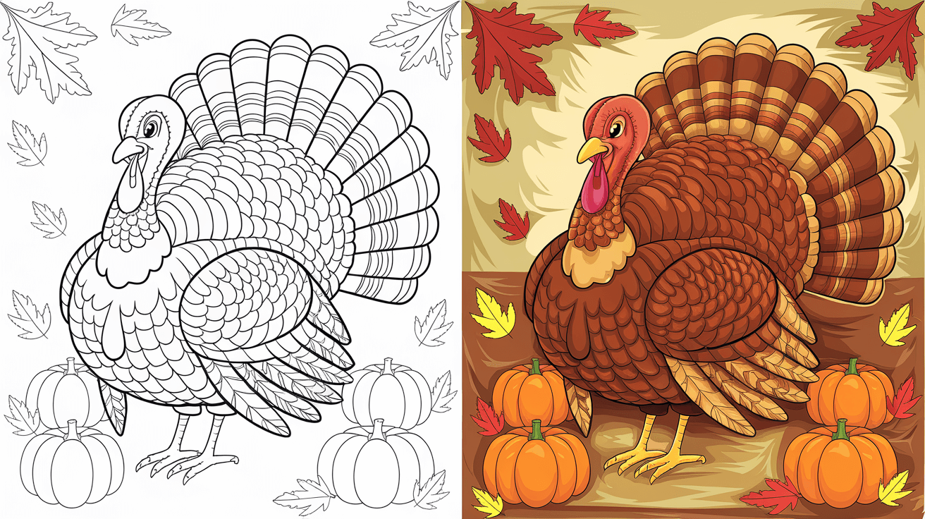 Coloring Page Cover Of A Turkey, Left Side Uncolored, Right Side Fully Colored With Autumn Leaves And Pumpkins.