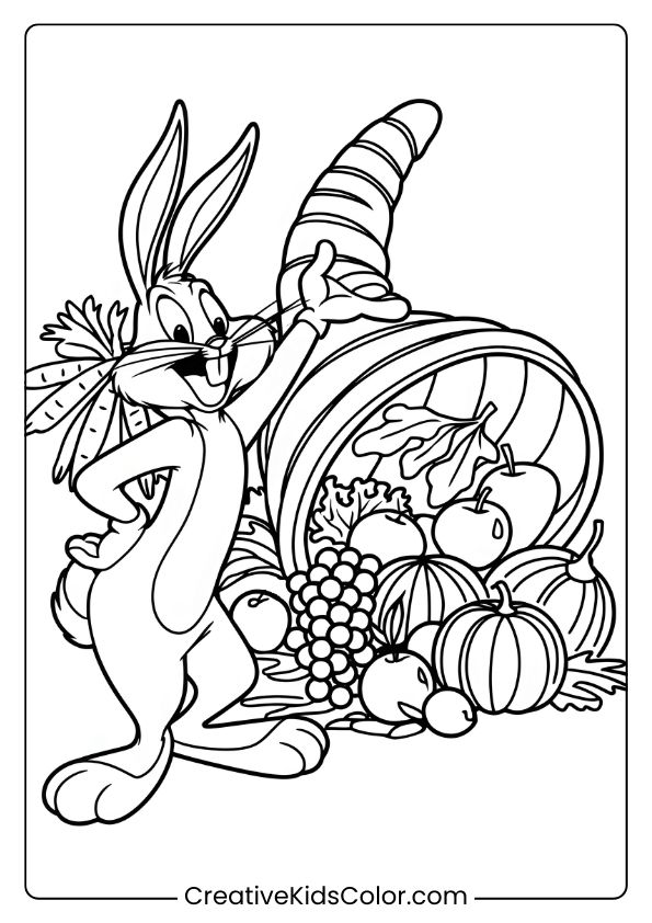 Bugs Bunny With A Cornucopia Of Fruits And Vegetables On This Thanksgiving-Themed Coloring Page.