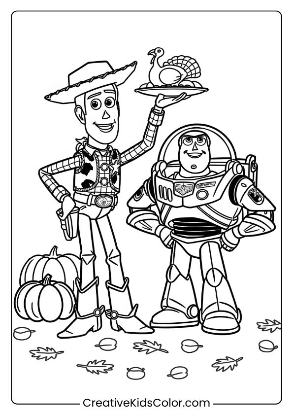 Woody And Buzz Lightyear Celebrate Thanksgiving With Turkey And Autumn Decor On This Adventurous Coloring Page.