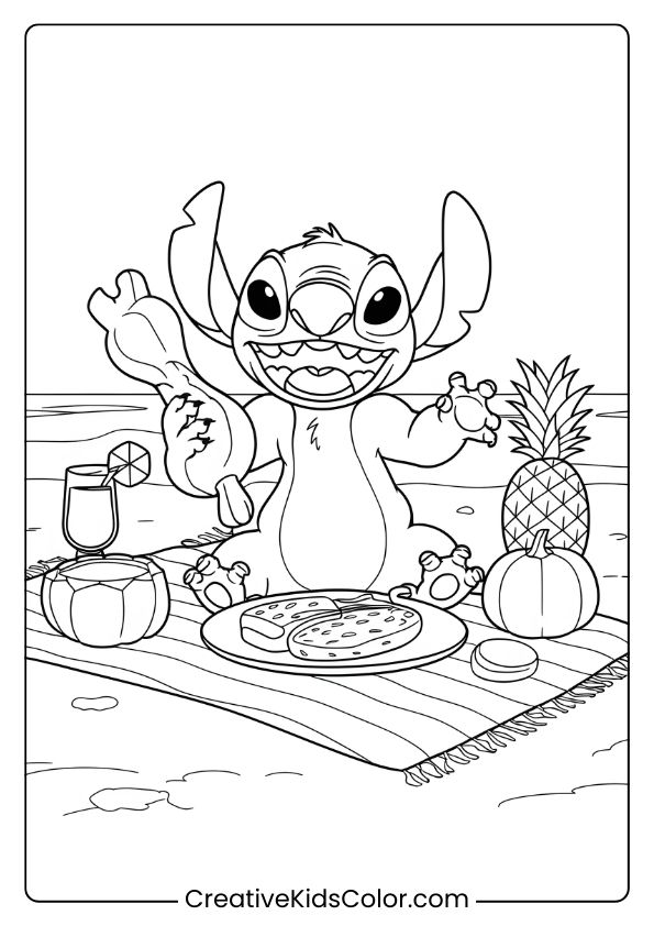 Stitch On The Beach For A Thanksgiving Dinner With Tropical Foods On This Unique Coloring Page.