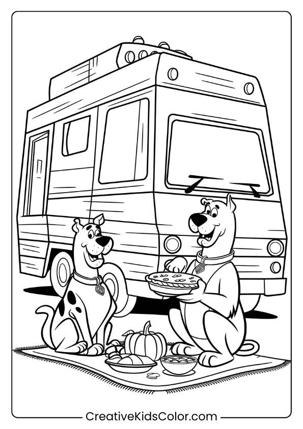 Scooby-Doo’s Outdoor Thanksgiving Picnic With Pie And Pumpkins On This Cozy Coloring Page.