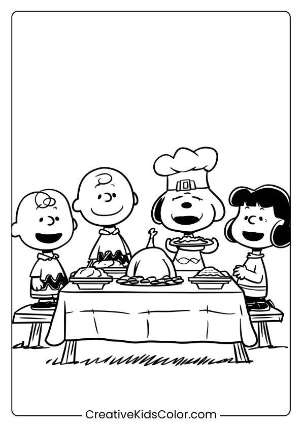 The Peanuts Gang Enjoys A Thanksgiving Feast With Turkey, Pie, And Fall Decorations On This Coloring Page.