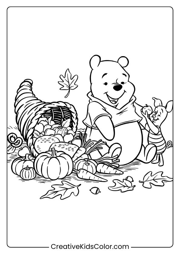 Winnie The Pooh And Piglet Surrounded By Autumn Harvest Items On This Cozy Thanksgiving Coloring Page.