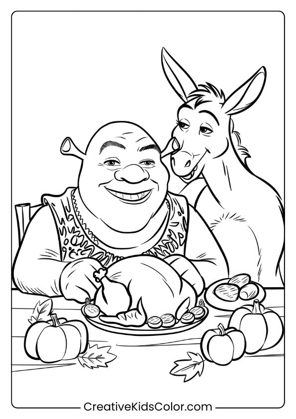 Shrek And Donkey Enjoy Thanksgiving With Turkey, Pumpkins, And Apples On This Festive Coloring Page.