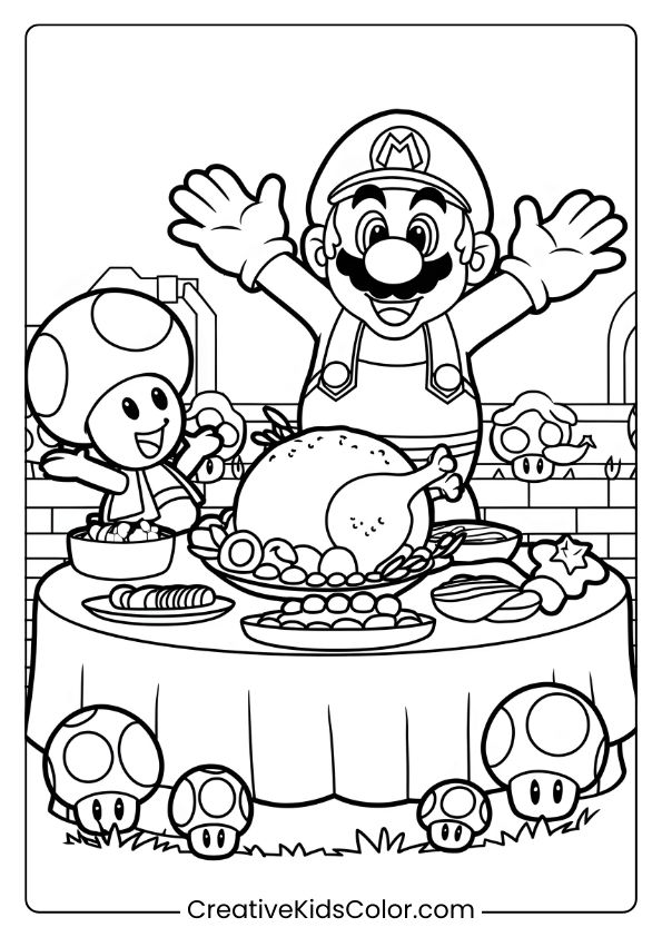Mario And Toad Enjoy A Thanksgiving Feast Outdoors With Turkey And Salad On This Lively Coloring Page.