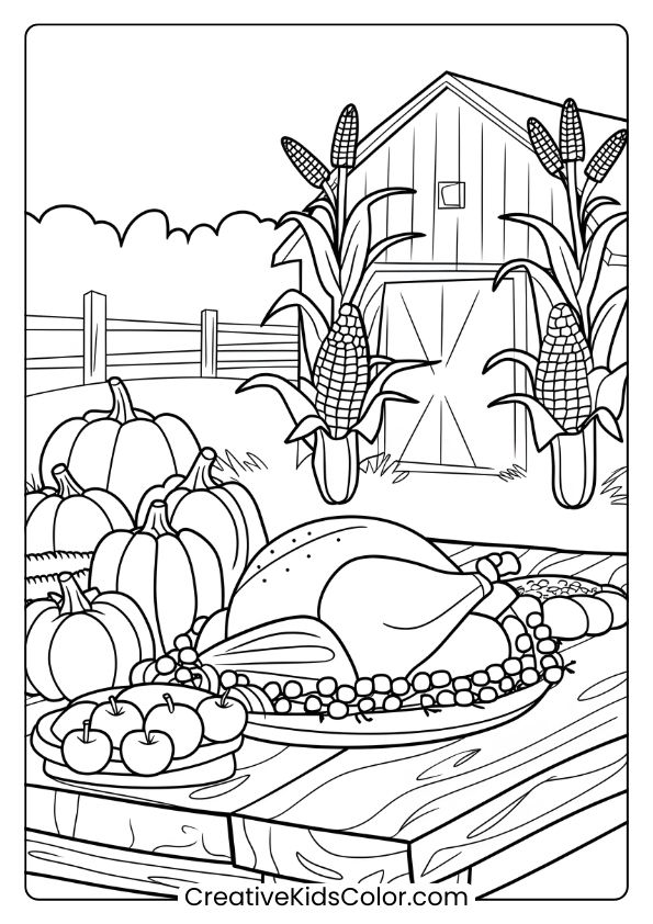 Thanksgiving Feast With Turkey, Pumpkins, And Cranberries On A Rustic Farm Coloring Page.