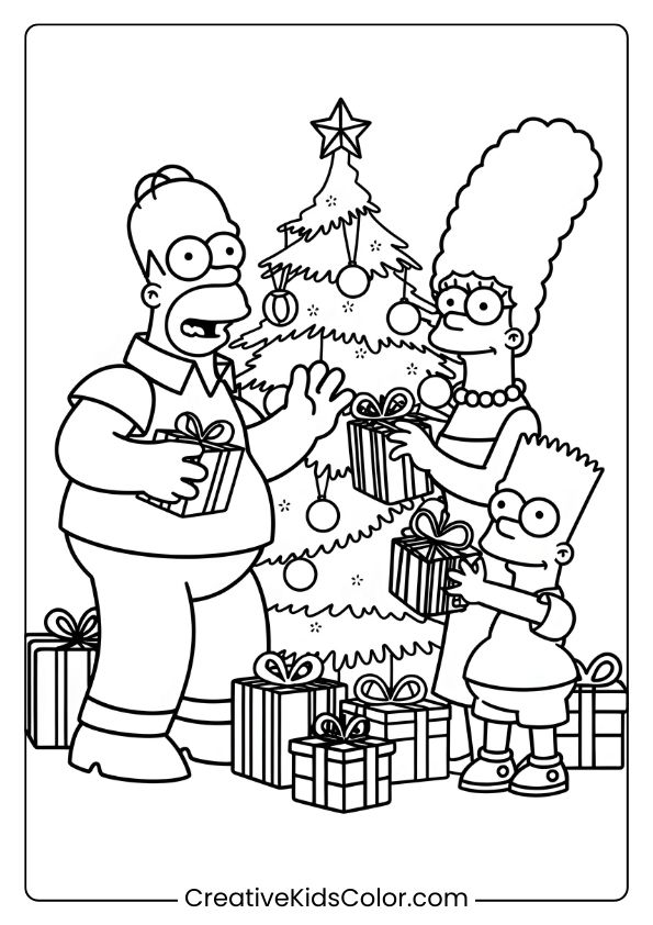 The Simpsons Family Celebrates Christmas With A Decorated Tree And Gifts On This Festive Coloring Page.