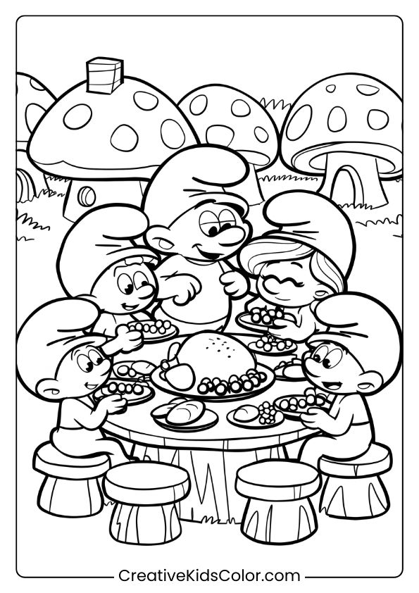 The Smurfs Gather For A Thanksgiving Feast With Turkey And Vegetables On This Village-Themed Coloring Page.