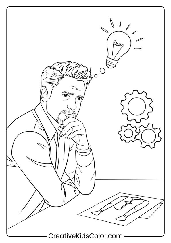 Tony Stark'S Moment Of Inspiration Coloring Page, Highlighting His Thoughtful And Creative Side.