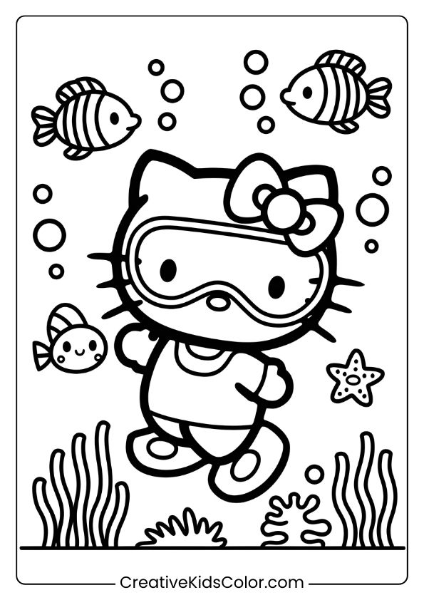 Hello Kitty Explores An Underwater Scene With Fish, Bubbles, And Seaweed On This Playful Coloring Page.