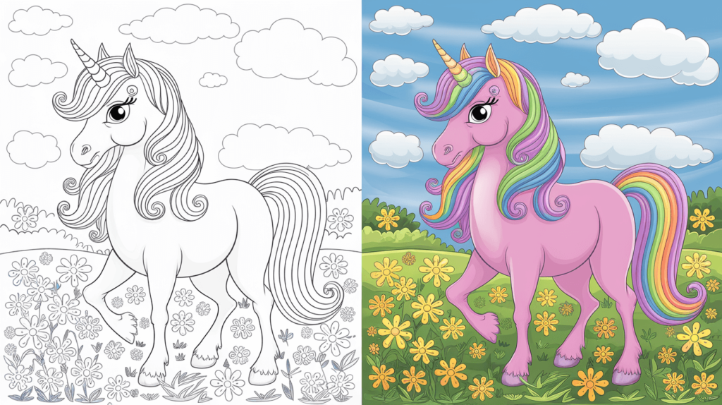 Coloring Page Cover Of A Unicorn, Left Side Uncolored, Right Side Fully Colored In A Magical Meadow.