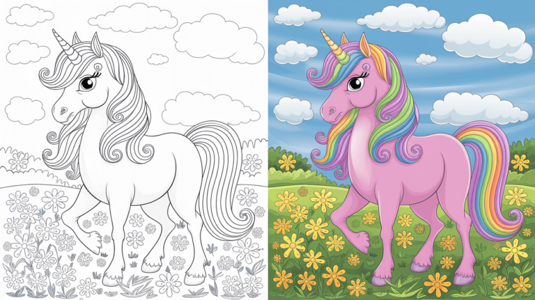 Coloring Page Cover Of A Unicorn, Left Side Uncolored, Right Side Fully Colored In A Magical Meadow.