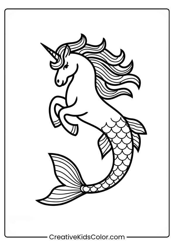 Einhorn Meerjungfrau Ausmalbild Mit Einem Einhorn Mit Meerjungfrauenflosse, Umgeben Von Fischen Und Seegras, Vor Einem Schlichten Hintergrund.
