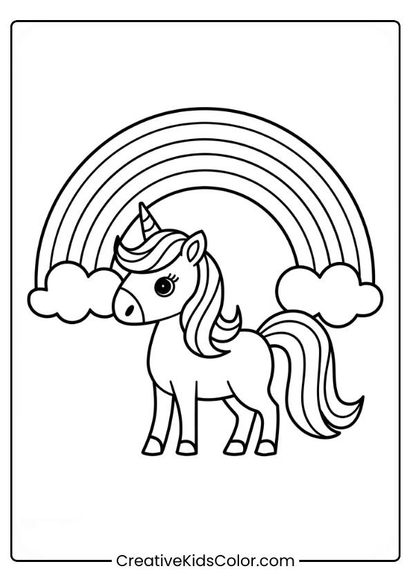 Einhorn Ausmalbild Mit Einem Einhorn Vor Einem Regenbogen Und Zwei Wolken.
