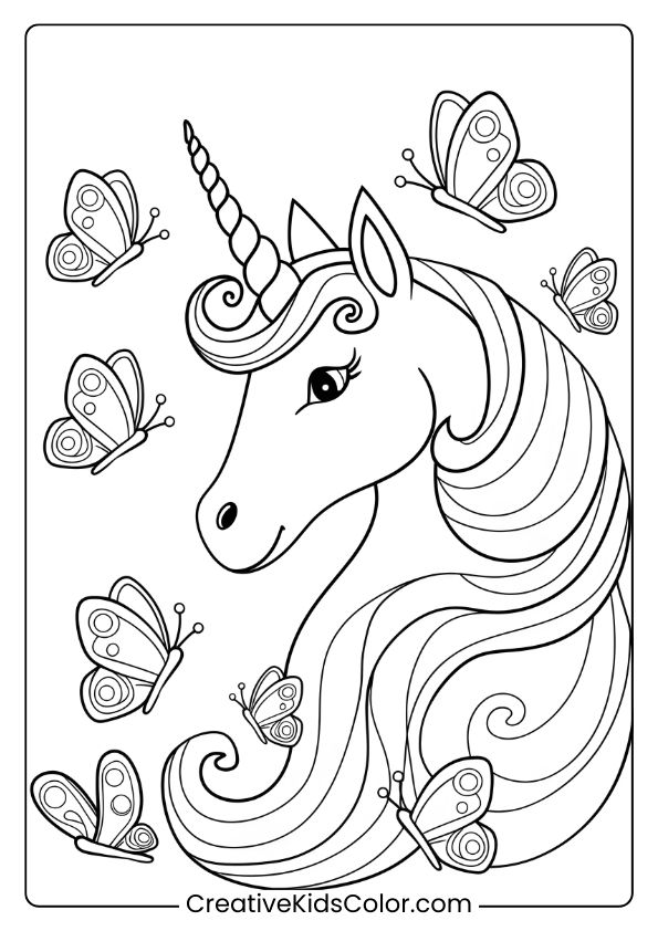 Einhorn Ausmalbild Mit Einem Einhorn, Das Von Schmetterlingen Umgeben Ist Und Dessen Sanfter Ausdruck Im Mittelpunkt Steht.
