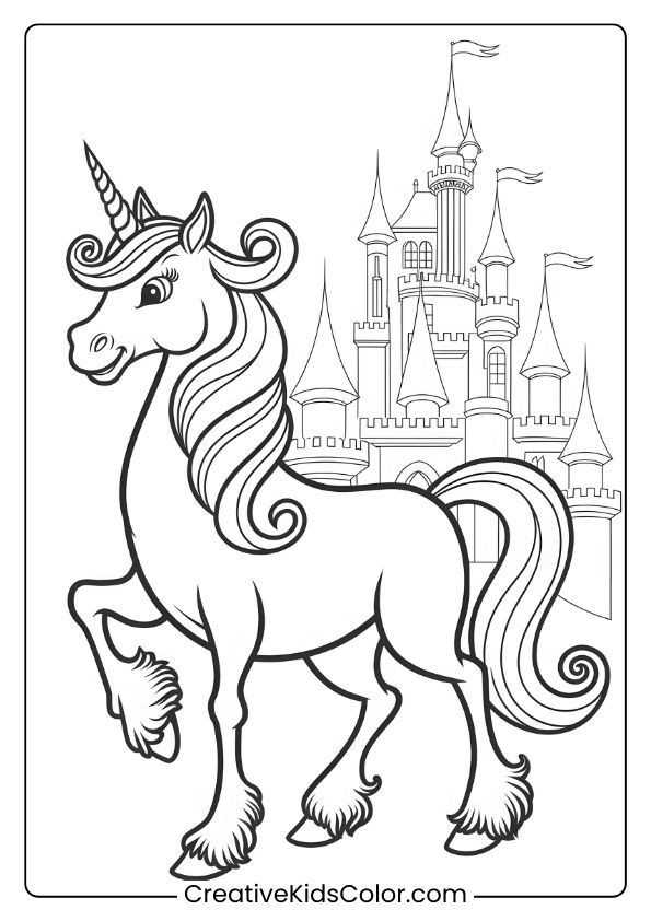 Einhorn Ausmalbild Mit Einem Einhorn Vor Einem Detailreichen Schloss, Das Eine Magische Märchenszene Darstellt.
