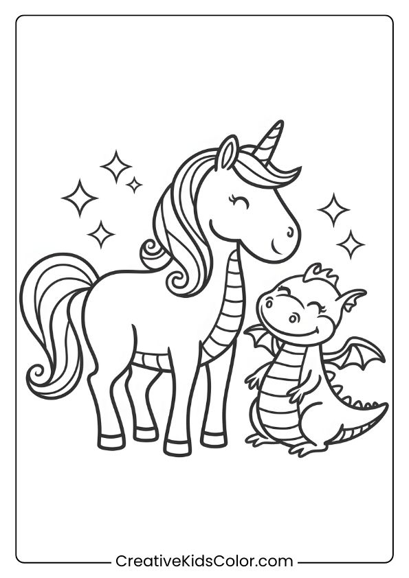 Einhorn Ausmalbild Mit Einem Einhorn Und Einem Drachen, Umgeben Von Sternen, Ideal Für Kreativen Malspaß.
