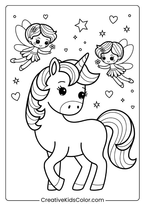 Einhorn Ausmalbild Mit Einem Einhorn Und Feen, Die Blumen Halten, In Einer Verträumten Sternenszene.
