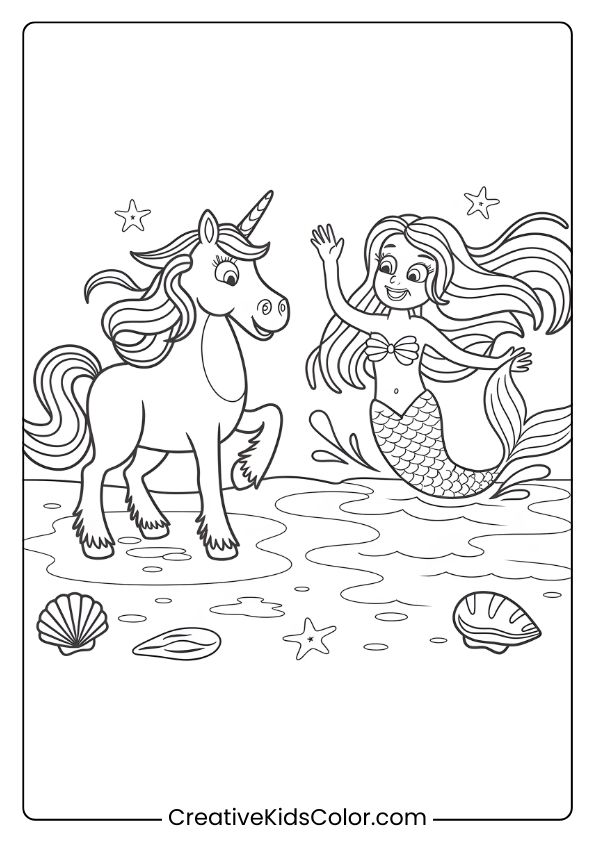 Einhorn Ausmalbild Mit Einem Einhorn Und Einer Meerjungfrau Am Strand, Umgeben Von Sternen Und Muscheln.
