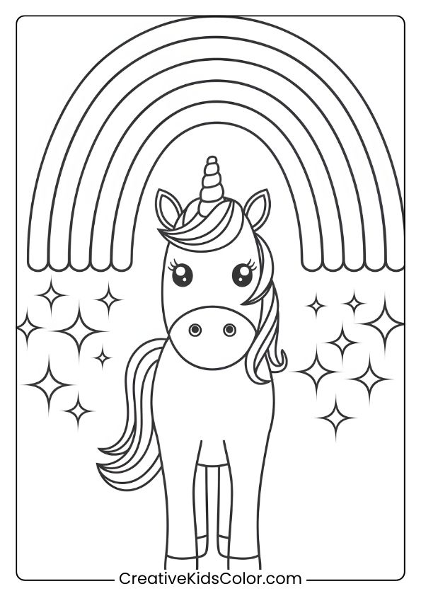 Einhorn Ausmalbild Mit Einem Einhorn Unter Einem Regenbogen, Umgeben Von Sternen, Perfekt Für Magischen Malspaß.
