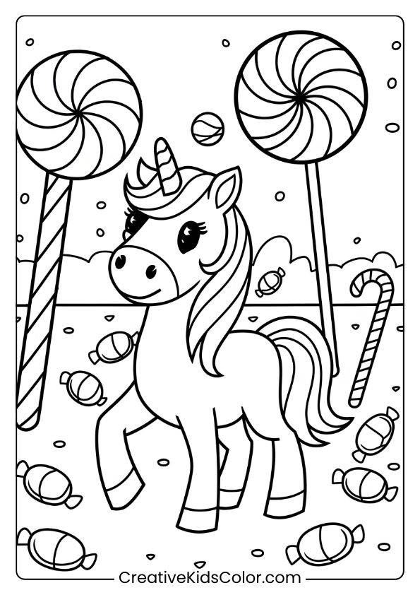 Einhorn Ausmalbild Mit Einem Einhorn In Einer Von Süßigkeiten Inspirierten Landschaft Mit Lollis Und Zuckerstangen.
