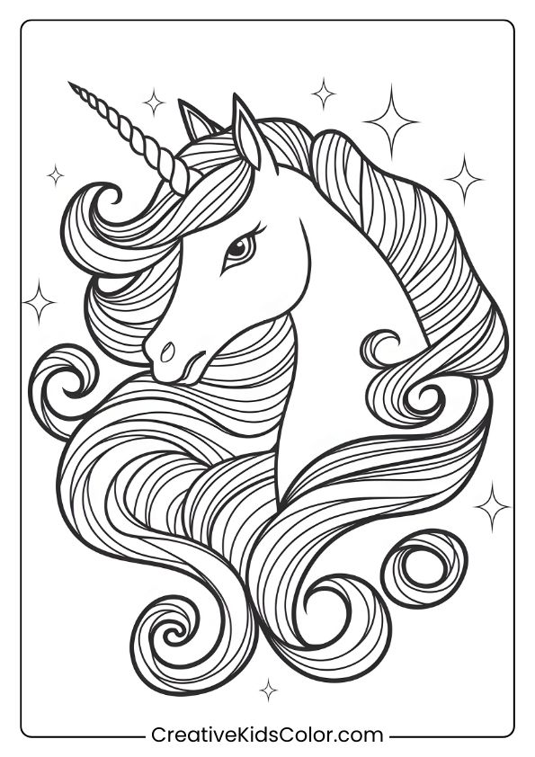 Einhorn Ausmalbild Mit Einem Einhorn Mit Fließender Mähne, Umgeben Von Sternsymbolen Für Einen Magischen Look.
