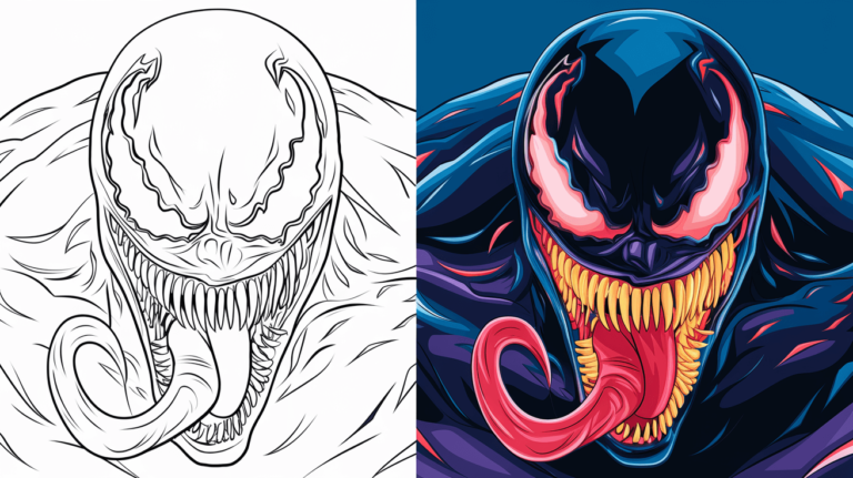 Coloring Page Cover Of Venom, Left Side Uncolored, Right Side Fully Colored In A Menacing Pose.