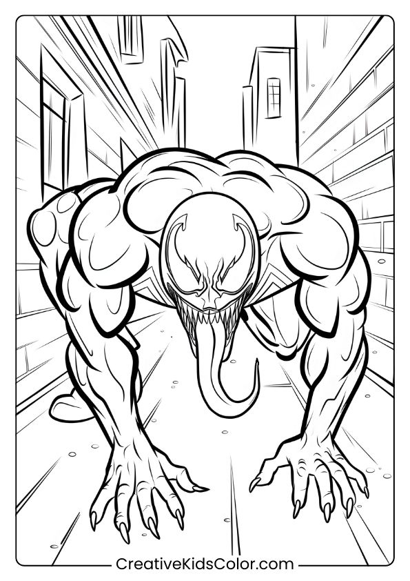 Venom Lurking In The Alley Coloring Page, With Venom Poised In A Narrow Alleyway.