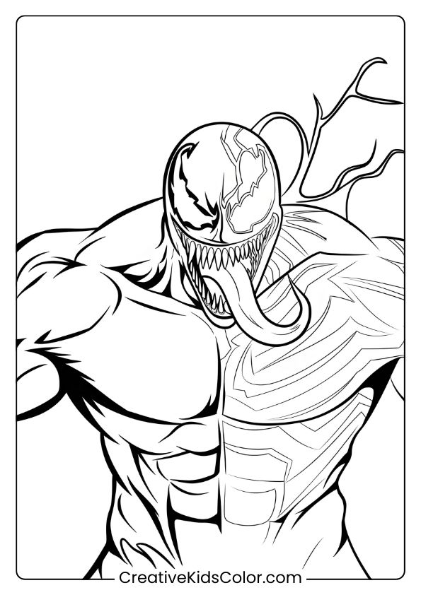 Venom And The Symbiote Suit Coloring Page, Highlighting The Creature’s Powerful Form.