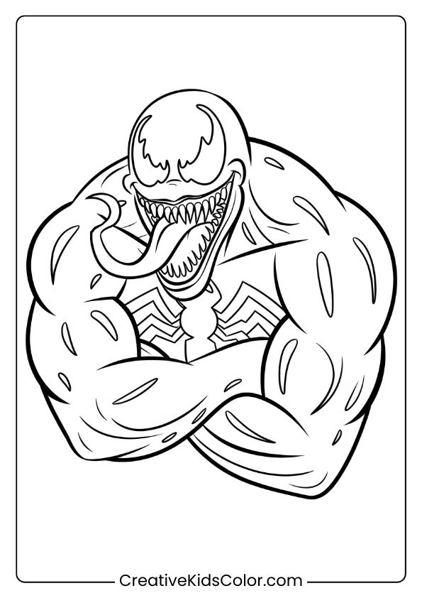 Venom The Funny Superhero Coloring Page, Showing Venom In A Cartoonish Flex Pose.
