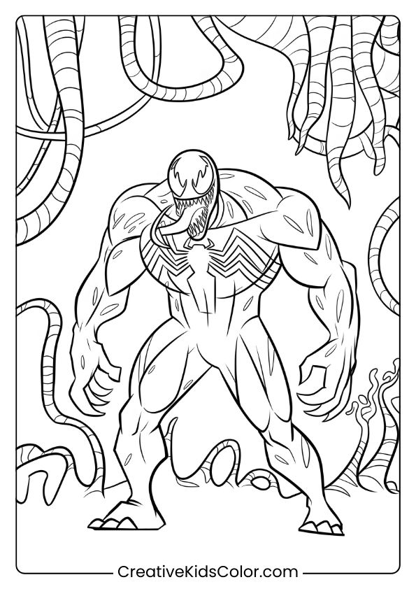Venom’s Alien Habitat Coloring Page, Featuring Venom Surrounded By Tentacles.