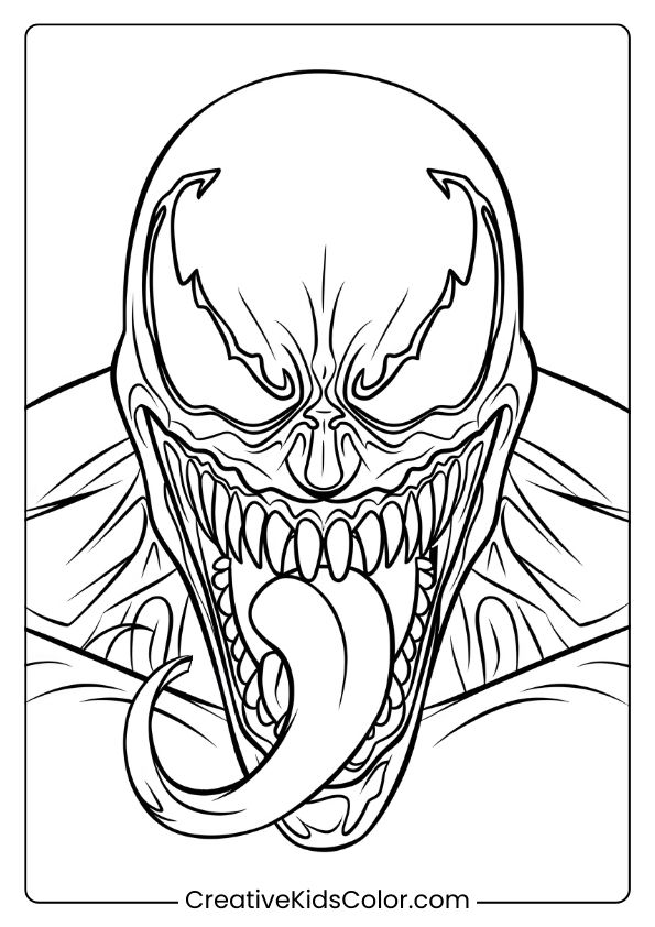 Venom'S Evil Smile Coloring Page, Featuring A Monstrous Face With Sharp Teeth.