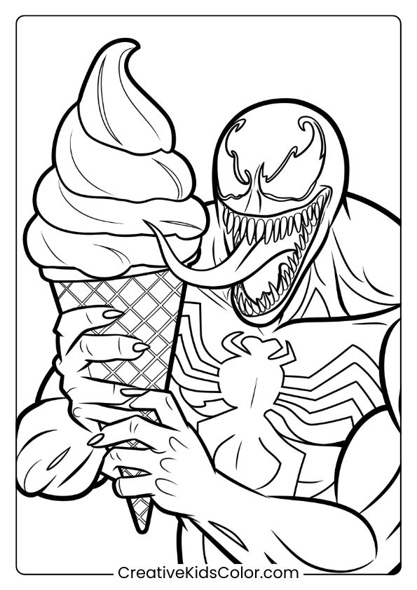 Venom’s Giant Ice Cream Cone Coloring Page, With Venom Holding A Large Cone.