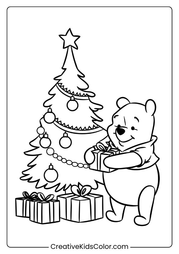 Winnie The Pooh With A Decorated Tree And Presents, Creating Holiday Joy On This Coloring Page.