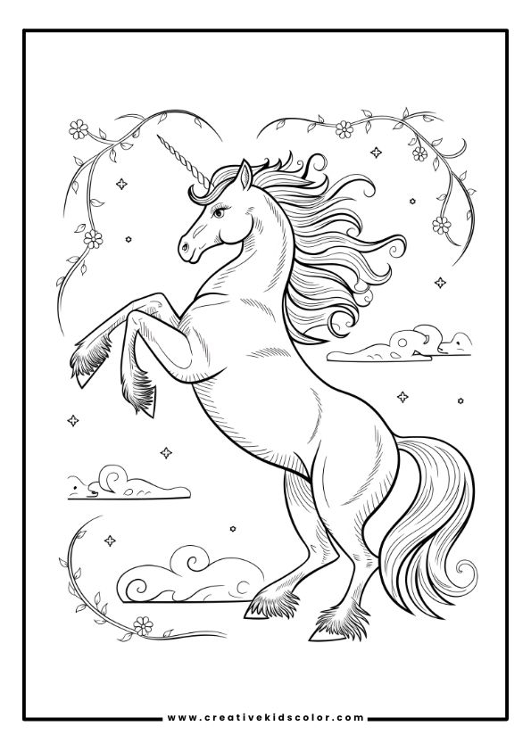 Erwachsenen Einhorn Ausmalbild Mit Einem Sich Aufbäumenden Einhorn, Umgeben Von Sternen, Wolken Und Ranken, In Einer Himmlischen Kulisse.
