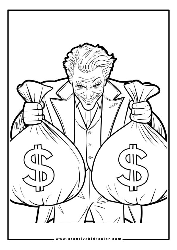 A Confident Figure Holds Two Money Bags In The Advanced Joker Coloring Page, Showcasing A Jovial Character With Wavy Hair And A Suit. The Bags, Marked With Dollar Signs, Emphasize A Theme Of Wealth Or Success, As The Character Displays Them With Pride.