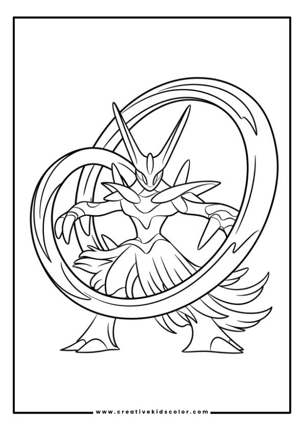 Pokémon Ausmalbild Mit Arceus In Einer Dynamischen Pose, Mit Hörnern Und Fließenden Anhängseln.
