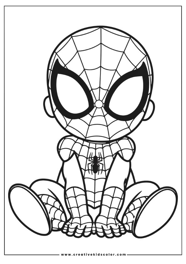 Spiderman Ausmalbild Mit Baby Spiderman, Der Mit Großen Augen Und Spinnenemblem Auf Der Brust Sitzt.
