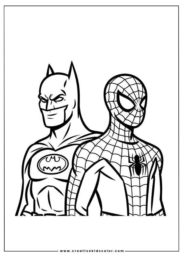 Spiderman Ausmalbild Mit Batman Und Spiderman, Die Seite An Seite In Ihren Ikonischen Anzügen Stehen.
