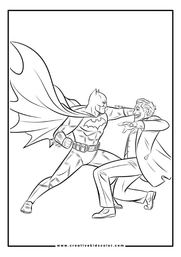 An Action-Packed Scene Unfolds In The Batman Fighting Joker Coloring Page, Where Batman Prepares To Strike The Laughing Joker. The Intense Combat Stance Of Batman And The Joker’s Maniacal Reaction Bring This Dynamic, High-Energy Moment To Life.