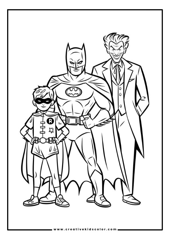 The Batman Robin Joker Coloring Page Brings Together Three Iconic Characters. Robin, In His Red And Blue Costume, Stands Beside Batman, Dressed In His Black Suit.
