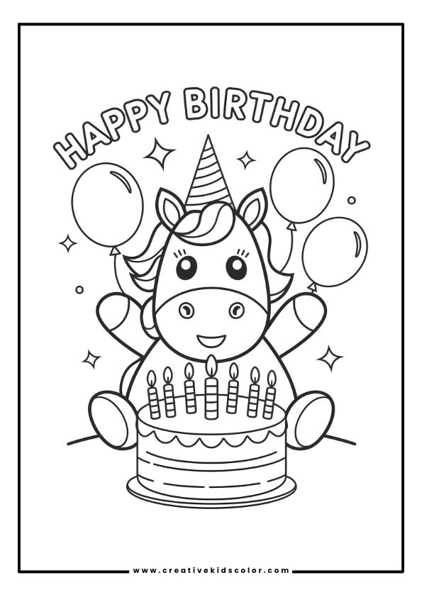 Einhorn Ausmalbild Mit Einem Einhorn, Das Seinen Geburtstag Feiert, Mit Luftballons, Einer Torte Und Den Worten &Quot;Happy Birthday&Quot;.
