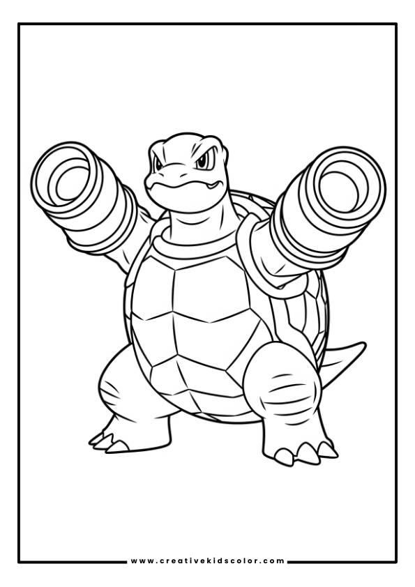 Pokémon Ausmalbild Mit Turtok, Das Mit Großen Kanonen Auf Dem Rücken Kampfbereit Dasteht.
