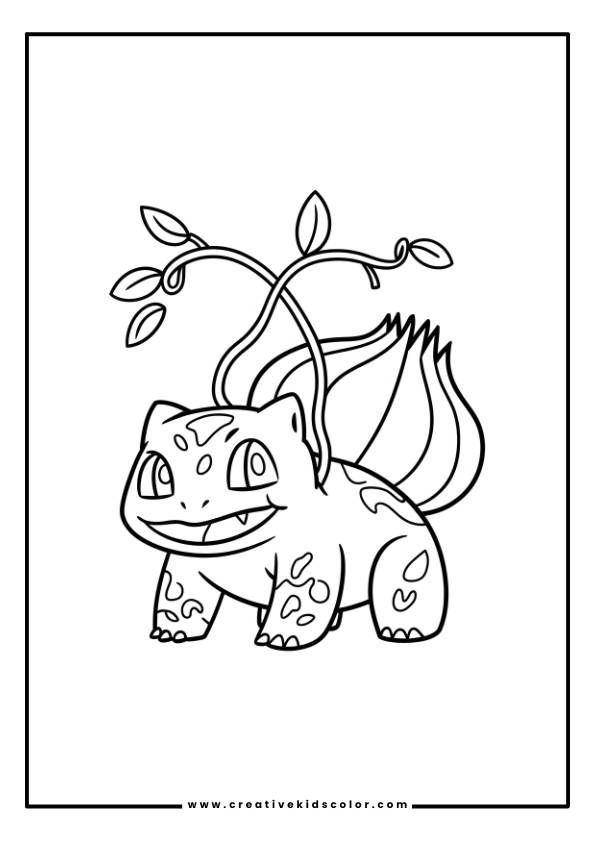 Pokémon Ausmalbild Mit Bisasam, Das Mit Rundem Körper, Großen Augen Und Breitem Lächeln Bereit Für Ein Abenteuer Ist.
