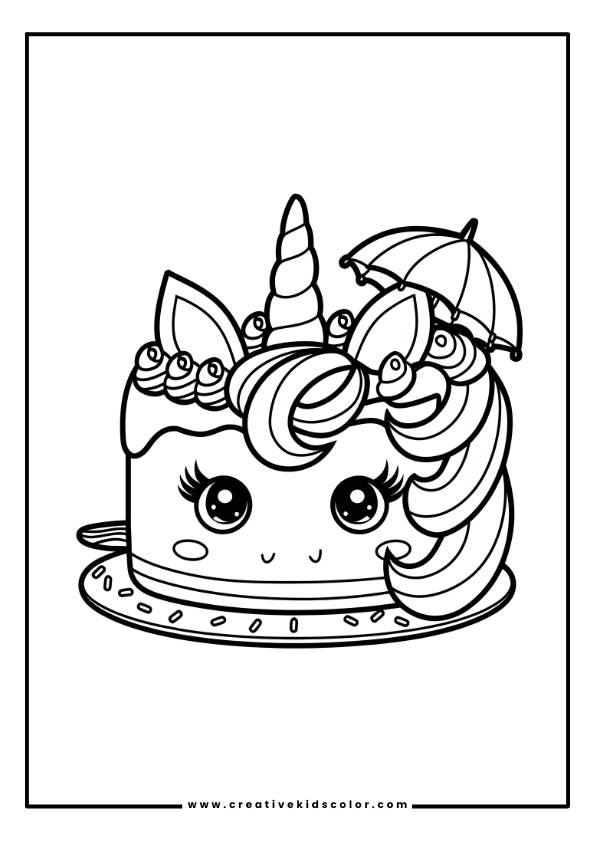 Einhorn Ausmalbild Mit Einer Einhornförmigen Torte, Verziert Mit Horn, Mähne Und Zuckerguss.
